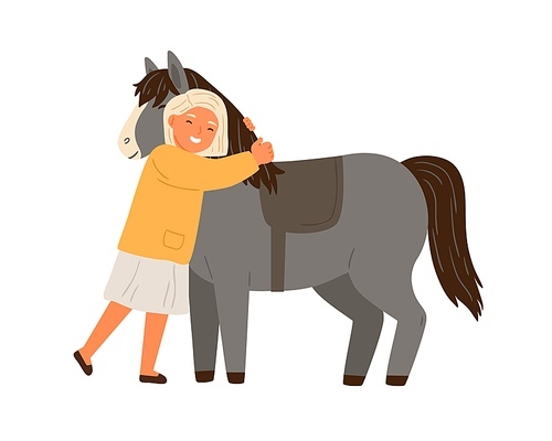 Happy little girl hugging pony vector flat illustration. Cute child and adorable horse enjoying friendship isolated on white. Female kid and animal embracing, spending time together.