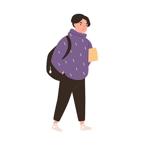 Happy boy go to school and carrying book or tablet. Portrait of smiling schoolboy with backpack. Flat vector cartoon illustration of male teenage pupil with schoolbag isolated on white.