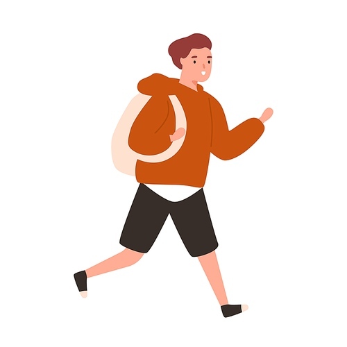 Cute boy running to school. Portrait of teenage schoolboy in hurry with backpack. Flat vector cartoon illustration of male pupil in haste isolated on white.