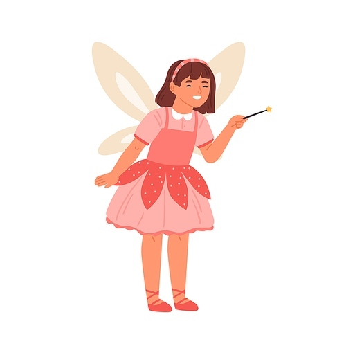 Happy girl in pixie or fairy costume with decorative wings and magic wand vector flat illustration. Cute female kid wearing festive apparel isolated. Child dressed for carnival or masquerade party.