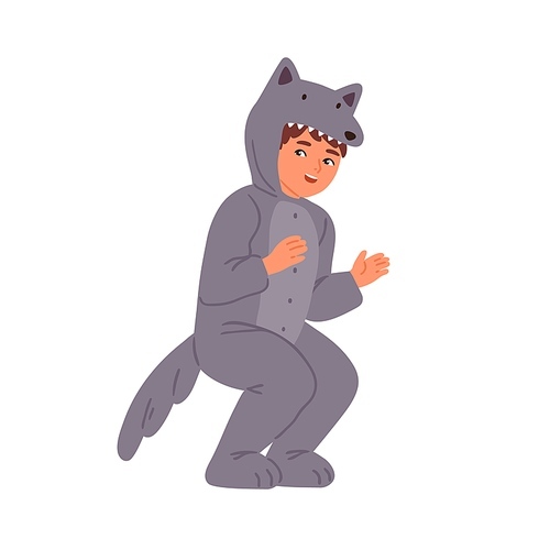 Funny little boy wearing wolf costume at childish carnival or theme party vector flat illustration. Cute male child in amusing wild animal apparel isolated on white. Happy kid in kigurumi or pajama.