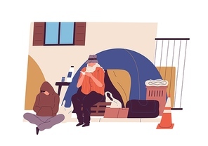 Homeless people sitting near tent on the city street vector flat illustration. Poor guy and elderly man refugees having dinner isolated. Concept of unemployment, poverty and survival.
