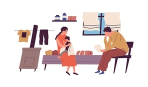 Poor family have no money to pay bills vector flat illustration. Miserable jobless father holding receipt worrying about payment isolated. Unemployment and financial problem, crisis or bankruptcy.