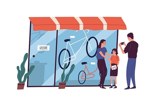Poor family have no money to buy bike to child vector flat illustration. Sad father looking at empty wallet standing near store showcase isolated. Poverty and financial crisis.