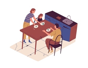 Poverty and food shortage concept. Poor family taking meal at dining table in old broken kitchen. Sad hungry people with little food on plates. Flat vector illustration isolated on white .