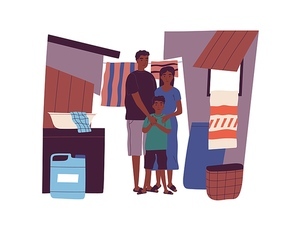 Portrait of dark skin poor family living at slum standing together vector flat illustration. Mother, father and son in ghetto neighborhood isolated. People citizens of country with low income.