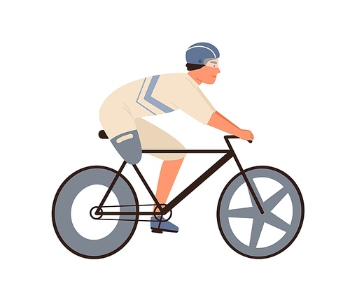 Male disabled athlete with amputated leg ride on bike vector flat illustration. Paralympic sportsman cyclist in protective equipment on bicycle performing sports activity isolated on white .