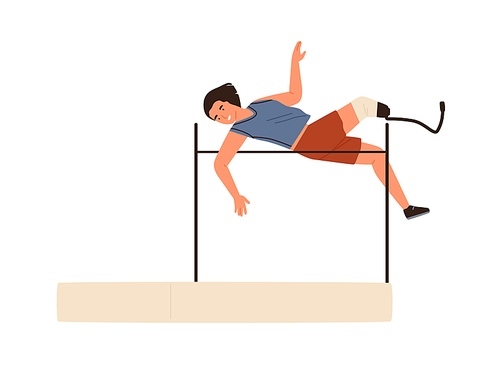 High jump disabled athletic woman performing activity vector flat illustration. Paralympic sportswoman jumping over bar isolated. Athlete with artificial prosthetic leg doing exercise at training.