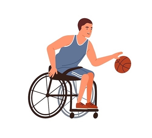 Paralympic athlete playing basketball sitting in wheelchair vector flat illustration. Disabled male with paralyzed legs during game or training with ball isolated. Handicapped person doing sports.