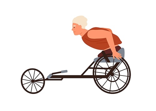Disabled male character with amputated legs ride on wheelchair racing vector flat illustration. Paralympic athlete exercising or training isolated on white. Handicapped guy doing sports.