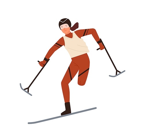 Disabled woman skier with amputated leg vector flat illustration. Paralympic female athlete skiing or performing winter sports activity isolated. Sportswoman in protective helmet take part in ski race.