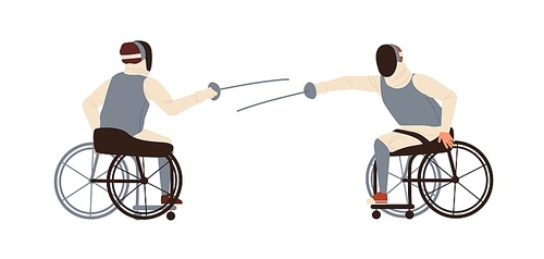 Male disabled athletes fencing sitting in wheelchair vector flat illustration. Paralympic athletic men with amputated legs hold foils or epee swords isolated on white. Duel of handicapped sportsmen.