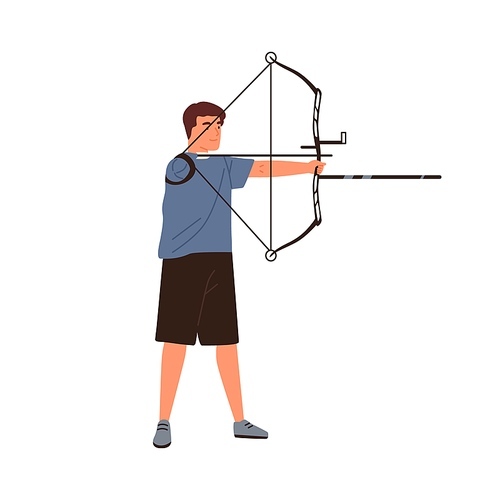 Disabled athlete archer aiming, hold sports bow vector flat illustration. Paralympic sportsman with amputated hand use archery equipment with arrow isolated. Handicapped guy para archer.