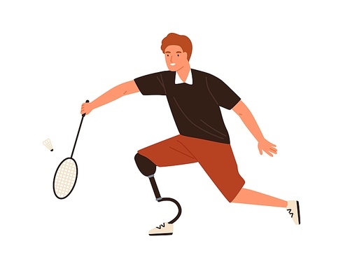 Paralympic male athlete playing badminton vector flat illustration. Disabled man with prosthetic leg holding racket hitting on shuttlecock isolated. Handicapped guy performing sports activity.