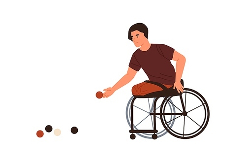 Disabled male playing petanque sitting in wheelchair vector flat illustration. Paralympic athlete with amputated legs throwing ball isolated on white. Handicapped man performing boules sports training