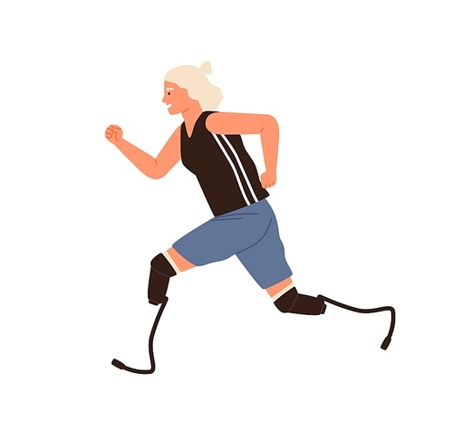 Paralympic female athlete with prosthesis legs running at marathon race vector flat illustration. Disabled woman runner with artificial limbs performing sports isolated. Handicapped sportswoman.