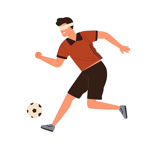 Disabled athlete, blind male soccer running kicking ball vector flat illustration. Paralympic sportsman football player performing sports activity isolated on white. Handicapped man with blindfold.