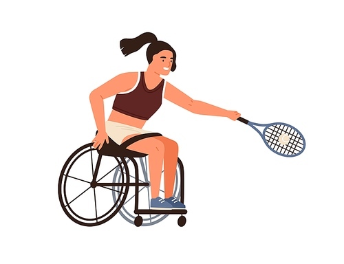 Paralympic female athlete playing tennis sitting in wheelchair vector flat illustration. Disabled sportswoman hold racket hitting ball isolated. Handicapped woman with paralyzed limbs doing sports.