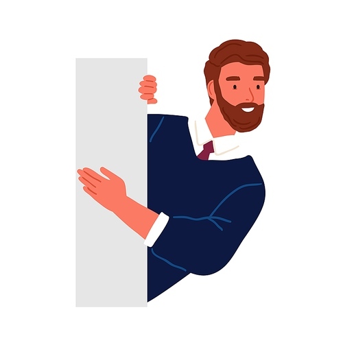 Bearded business male peeping from behind wall vector flat illustration. Funny curious man searching something isolated on white. Smiling guy office worker or clerk watching or seeking.