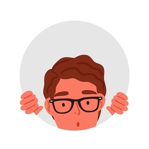 Surprised male teenager in glasses peeping through circle hole vector flat illustration. Amazed curious man watching into rounded frame isolated on white. Shocked man searching or seeking something.