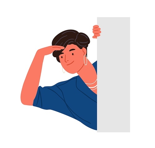 Trendy smiling woman peeping from behind wall vector flat illustration. Stylish positive female character searching or seeking something isolated on white. Adorable person peeking.