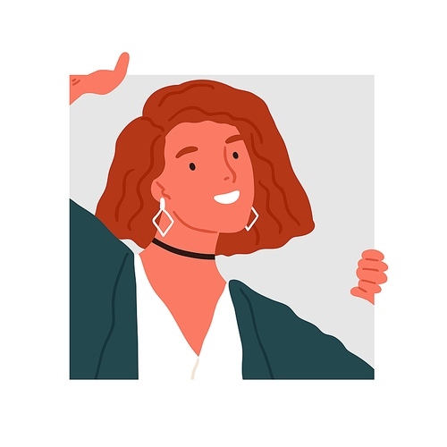 Funny woman in trendy accessories peeping into squared frame vector flat illustration. Happy female peeking, watching or looking isolated. Adorable curious person posing with happy facial expression.