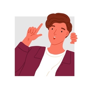 Surprised teen peeping into squared frame vector flat illustration. Amazed male teenager searching or seeking for something, performing idea gesture isolated on white. Peeking person.