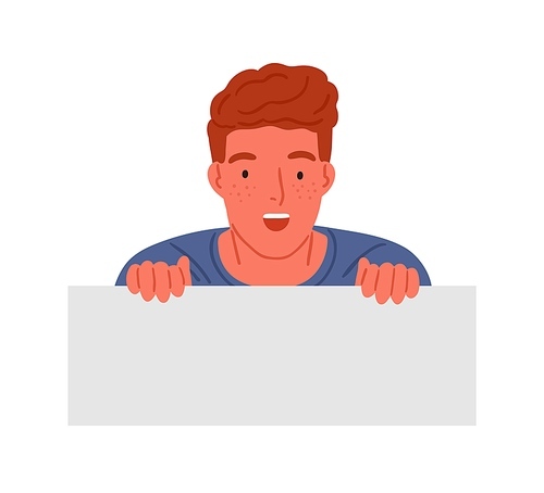 Astonished red haired teen boy peeping with shocked facial expression vector flat illustration. Surprised male teenager having amazed emotion isolated on white. Teenager holding horizontal banner.