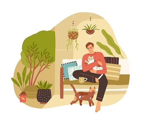Young man spending leisure time with cats at home, drinking tea, relaxing and enjoying slow life. Calm lazy people resting indoor in solitude. Flat vector illustration isolated on white .