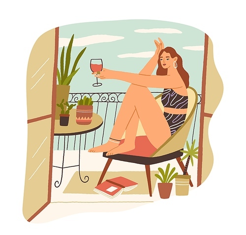 Alone young woman sitting with glass of wine at balcony at summertime. Female character resting in comfortable chair enjoying holiday time and solitude. Flat vector illustration isolated on white.