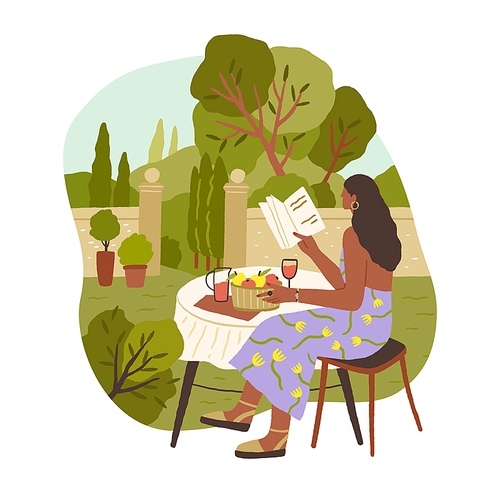 Young woman spending leisure time alone reading book and drinking wine, relaxing and enjoying slow life. Calm  people resting outdoor in solitude. Color flat vector illustration isolated on white.