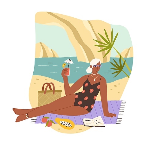 Tanned woman drinking cocktail and sunbathing on sandy beach at sea resort. Relaxing in solitude. Leisurely holiday and slow life concept. Colored flat vector illustration isolated on white 