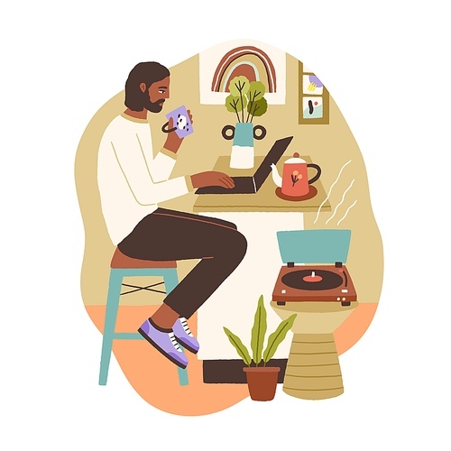 Young man working or studying online at cozy home. Freelancer sitting with laptop, listening to music and drinking tea. Hand-drawn colored flat vector illustration isolated on white .