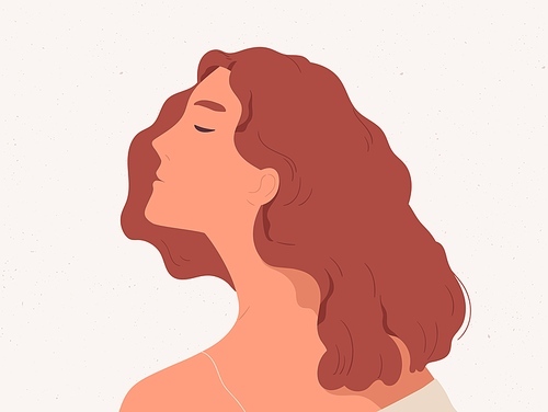Calm and peaceful woman dreaming or thinking. Profile portrait of reflective young lady in her thoughts. Flat cartoon colorful vector illustration isolated on textured background.