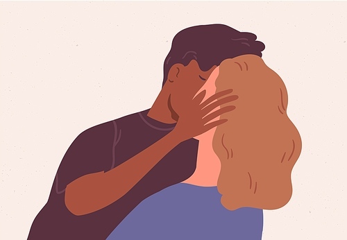 Cute multiracial couple kissing. Romantic relations between man and woman. Young people in love isolated. Boyfriend touching girlfriend's face tenderly. Colorful flat vector illustration.