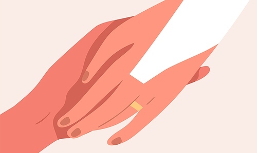 Elegant golden wedding ring on bride finger close up. Newlyweds hands together isolated on beige background. Newly married couple. Flat vector illustration.