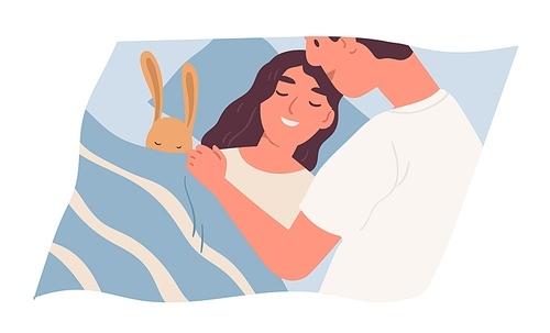Dad puts her child to bed and covering with blanket before sleep. Happy relations between father and daughter. Smiling girl with fluffy hare toy in bed. Colorful flat vector illustration isolated.