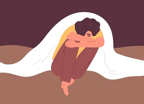 Unhappy depressed lonely woman sitting in despair under blanket. Sad female character in bad mood suffer from psychiatric problems. Loneliness or depression concept. Flat vector illustration.