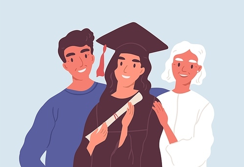 Happy graduated female student in graduation cap and robe standing together with mom and dad. Parents proud of their daughter's academic degree and achievements. Flat vector illustration.