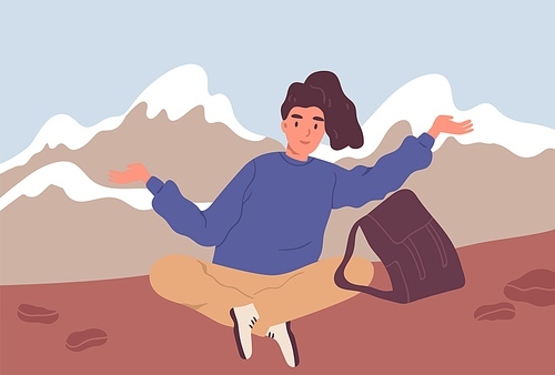 Happy woman or hiker with backpack sitting on the background of the mountain landscape. Traveling and hiking alone. Young female tourist or backpacker enjoying resting. Flat vector illustraton.