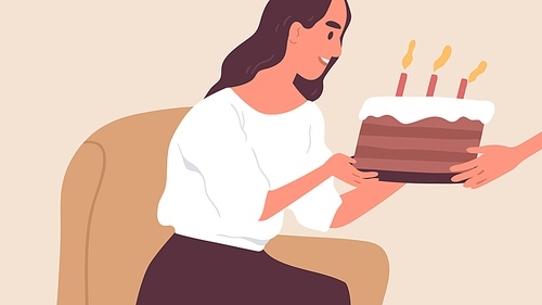 Happy young woman receiving sweet chocolate cake decorated with candles. Birthday celebration and congratulations concept. Flat vector illustration.
