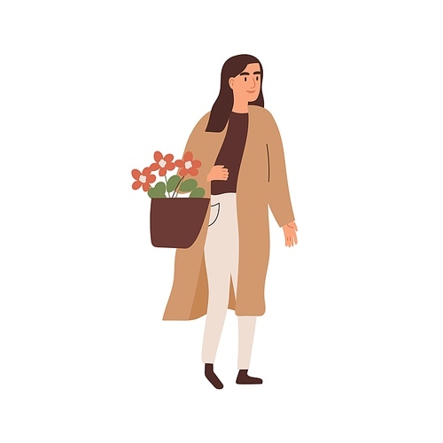Happy woman carrying blooming flowers in bag or basket vector flat illustration. Smiling female holding beautiful floristic bouquet isolated on white. Person in trendy outfit with floral bunch.