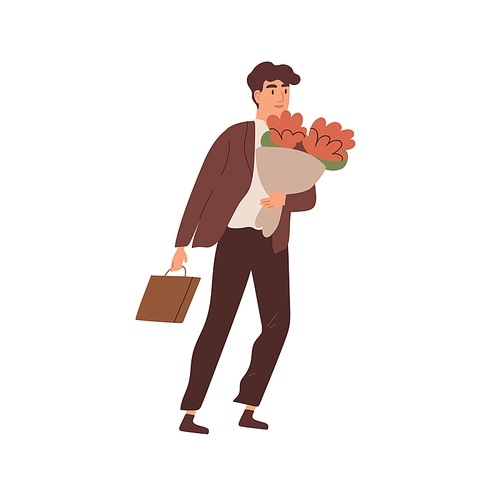 Businessman carrying bouquet of beautiful fresh red flowers vector flat illustration. Young male character holding elegant bunch of blooming plants isolated on white. Man with romantic floral gift.