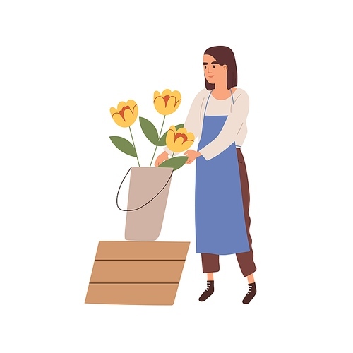 Woman florist in apron care of yellow flowers in bucket vector flat illustration. Female floral vendor with blooming plants isolated on white. Consultant of floristic shop or store.