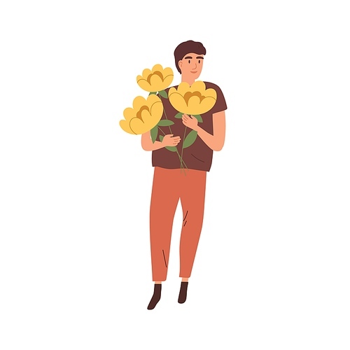 Happy man standing with beautiful blooming yellow flowers vector flat illustration. Smiling male character holding elegant floristic bunch isolated. Romantic guy with bouquet.