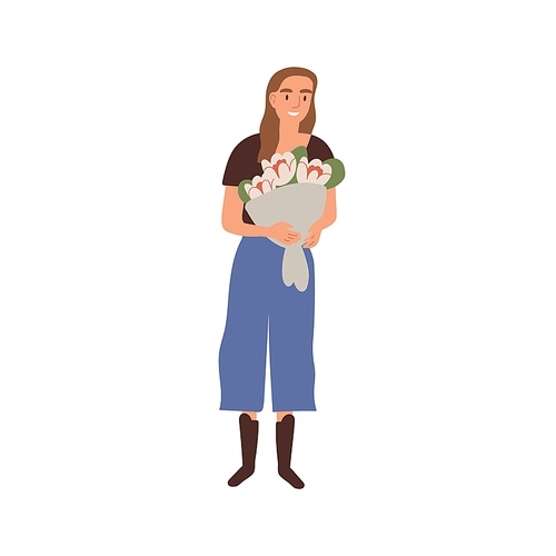 Portrait of happy woman holding bouquet of beautiful natural fresh flowers vector flat illustration. Female florist standing with a bunch of blooming plants, romantic floral gift isolated on white.