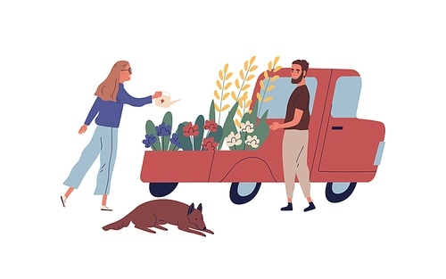Man and woman gardeners selling flowers from van vector flat illustration. Male customer choosing garden plants at local outdoor floristic market or fair isolated on white .