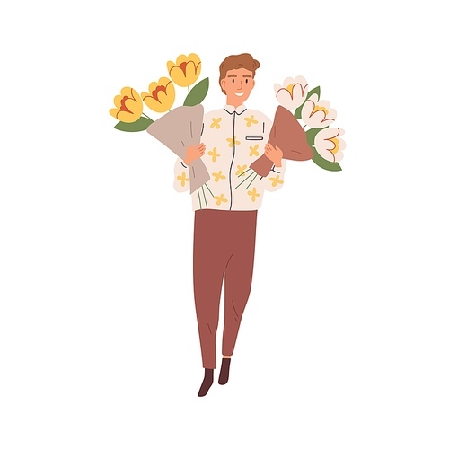 Portrait of young man holding two bouquets of blooming cut flowers vector flat illustration. Happy florist or delivery man carrying bunches of fresh plants isolated on white .