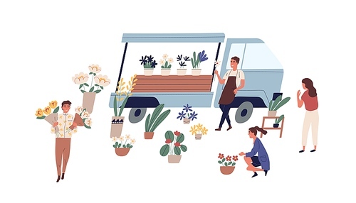 Male florist vendor in apron selling flowers from van at local market vector flat illustration. Man and woman customers walking and buying potted houseplants and bouquets. Outdoor floristic fair.