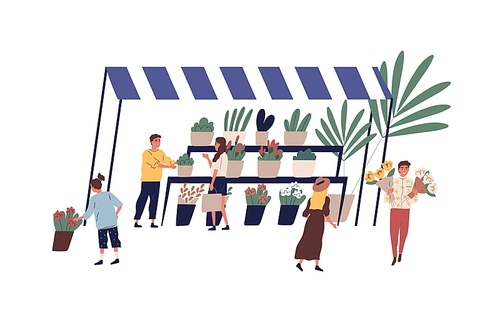 Outdoor kiosk or stall with potted plant and cut flowers vector flat illustration. Male florist work at street shop selling houseplants and bouquets isolated. People walking at local floral market.